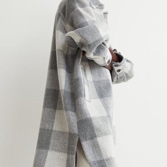 H&M • BLOGGERS FAVORITE Long Oversized Shacket Coat in Gray & White Plaid - Picture 10 of 16